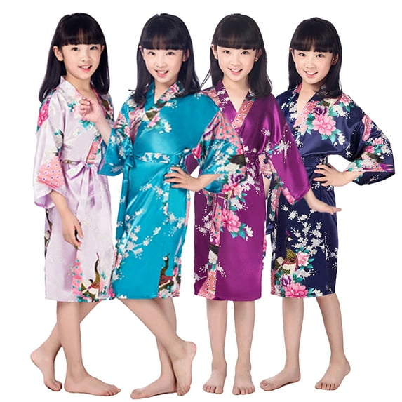 KYAIGUO Kids Girls Silky Satin Kimono Robe for Wedding Spa Party 2-14Y Flower Girl Summer Bathrobes Sleepwear with Bow-Tie Belt Cardigan Longsleeve Floral Loungwear
