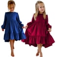 thumbnail image 1 of KYAIGUO Kids Girls Solid Colour Dress Velvet Dress Long Sleeve Ruffle Princess Dress for 7-12Y, 1 of 5