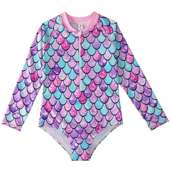KYAIGUO Kids Girls Swimwear Swimsuit Upf 50+/Sun Protection Quick Dry Swimsuits Long Sleeve One Piece Swimwear for Toddler Girls 4-12 Years Old