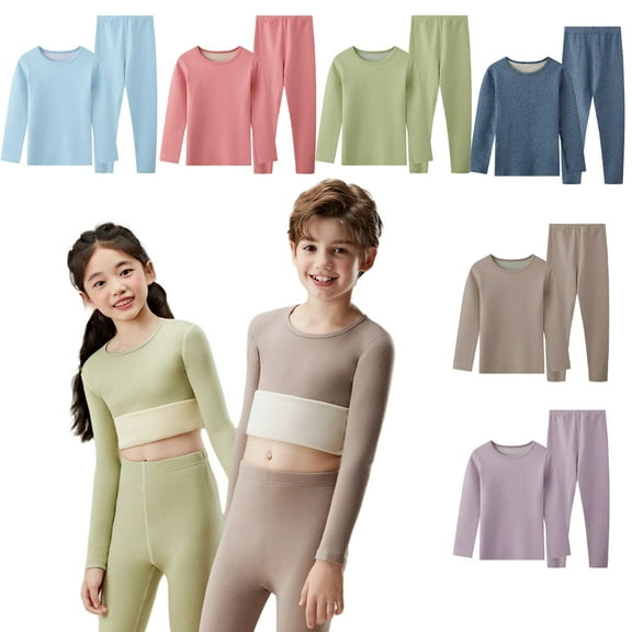KYAIGUO Kids Toddler Velvet Cotton Thermal Underwear Set Winter Soft Fleece Lined Base Layer for Girls Boys 5-12 Years Old