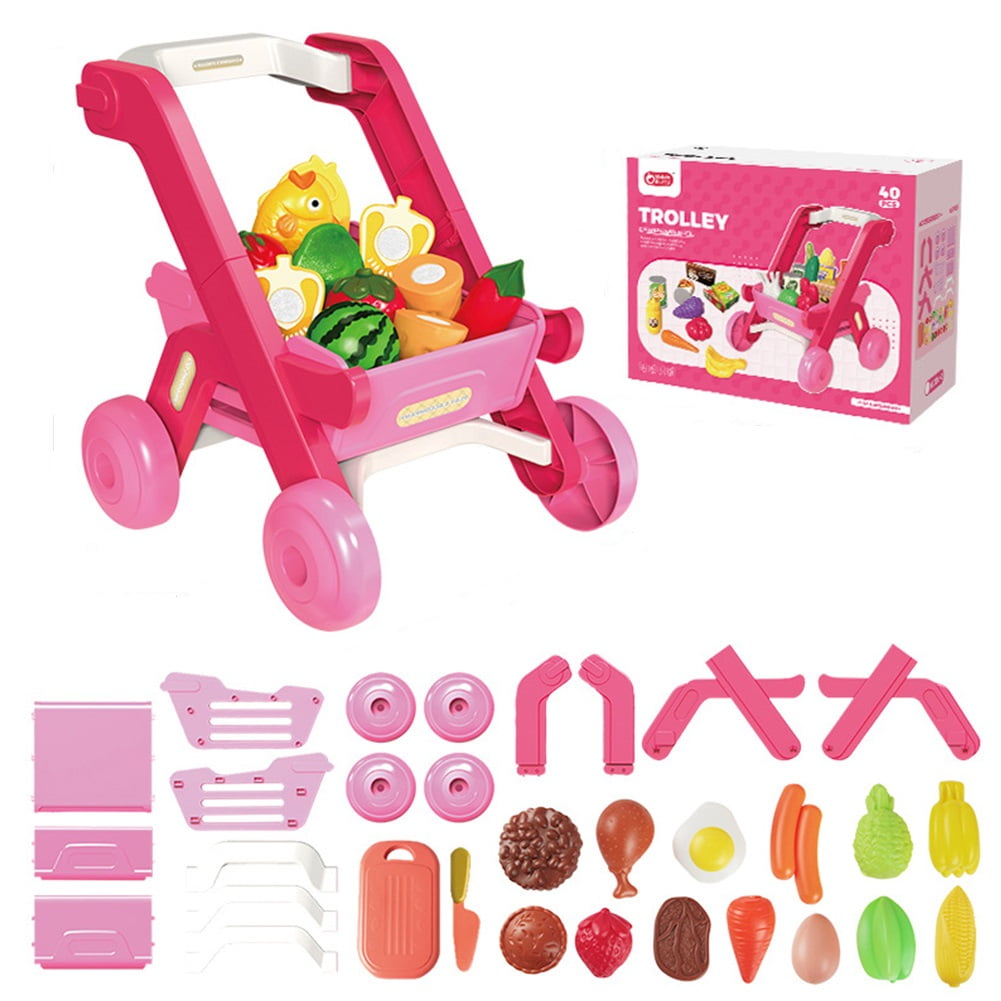 KYAIGUO Kids Shopping Cart Toy, Toddler Shopping Cart, Pretend Play Food Character Shopping Toy, Kitchen Game Toy, Store Toy Set(Red)