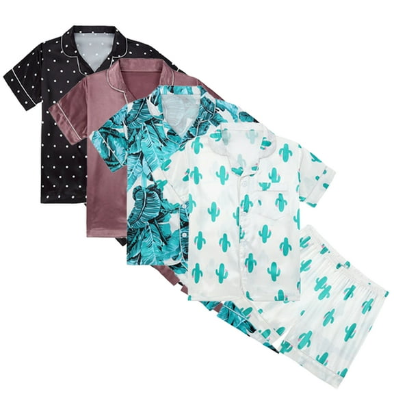 KYAIGUO Kids Teen Silk Girls Summer Pajamas Pjs Loungewear Sleep Set Big Boys Girls Unisex Short Sleeve Loungewear Two Piece Set Printed Sleepwear Set for 5-14Years