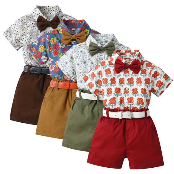 KYAIGUO Kids Toddler Baby Boys Hawaii Beach Sets Infant Summer Clothing Sets Short Sleeve Lapel down Button Flower Print Top+Short Pants Two-Piece Set, With Belt as a Gift,Sizes 9M-6Y