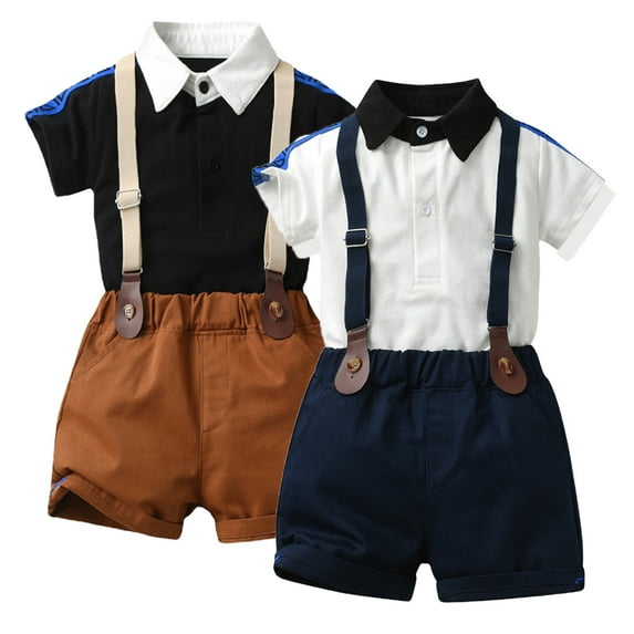 KYAIGUO Kids Toddler Boys 2Pcs Gentleman Suit Summer Clothes Baby Boys Gentleman Outfit Suits Solid Color Pullover Short Sleeve Shirt + Suspender Shorts Baby Set for 3M-6Years