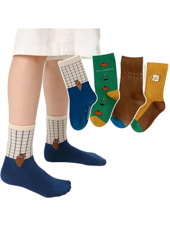 Toddler Boys 4 Pack Mid Calf Socks Kids Boys Cartoon Cotton Sock Soft Color Blocking Sock for 3-12 Years Old