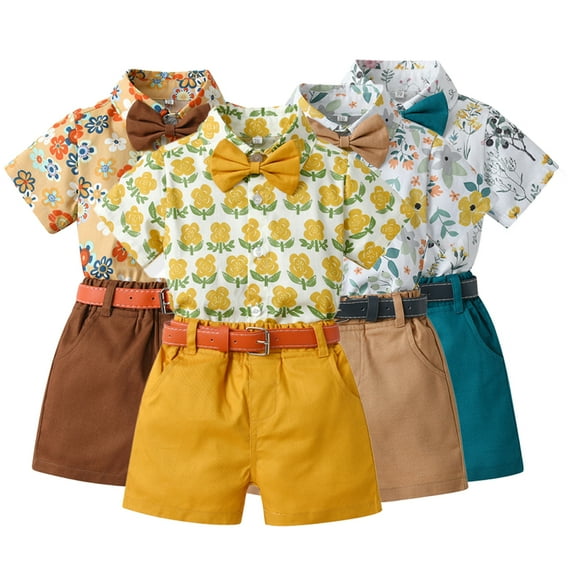 KYAIGUO Kids Toddler Boys Summer Hawaii Beach Sets Baby Infant Clothing Sets Short Sleeve Lapel down Button Flower Print Top+short Pants Two-Piece Set, With Belt as a Gift,Sizes 9M-6T