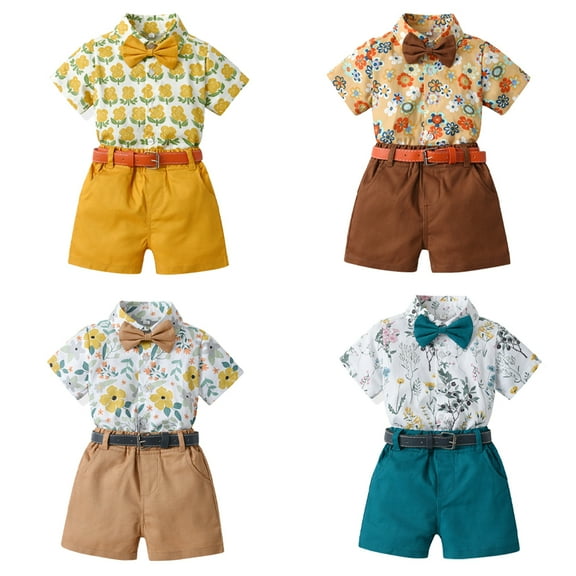 KYAIGUO Kids Toddler Boys Summer Hawaii Beach Sets Baby Infant Clothing Sets Short Sleeve Lapel down Button Flower Print Top+short Pants Two-Piece Set, With Belt as a Gift,Sizes 9M-6T