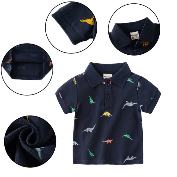 KYAIGUO Kids Toddler Boys Summer T-Shirt Short Sleeve Tee Tops Baby T-Shirt Base Shirt Cotton Lapel Dinosaur Cartoon Soft Comfortable Shirt for 1-6Years
