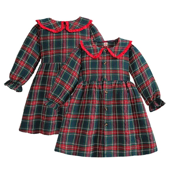 KYAIGUO Kids Toddler Girls Plaid Dress Spring Flare Sleeve Peter Pan Collar Dress with Buttons Baby Christmas Princess Tutu Party Skirt for 2-7 Years Old