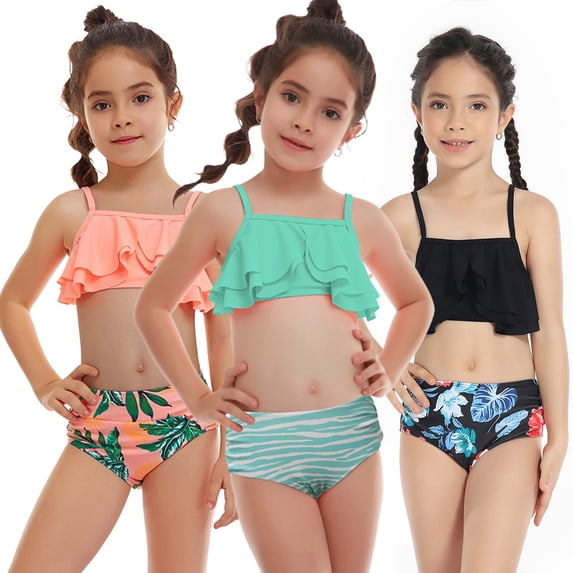 KYAIGUO Kids Toddler Girls Sleeveless Swimsuit Baby Summer Beach Rash Guard Swimwear Two Piece Ruffle Sunsuit Bathing Suit for 2-12T