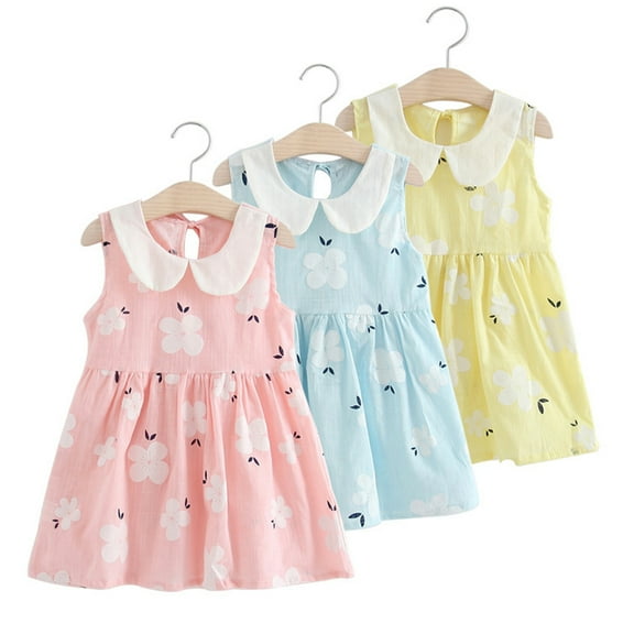 KYAIGUO Kids Toddler Girls Summer Vest Dresses Baby Floral Sleeveless Cotton Dress Lapel Dress Casual Mid-Length Tank Dresses Skirt,Sizes 1-6T
