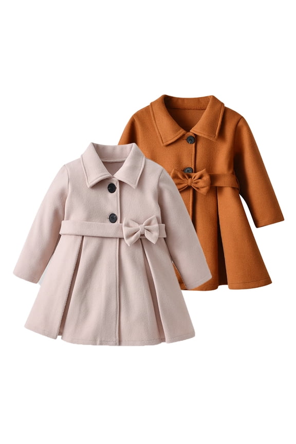 Toddler Girls Dress Coat Baby Winter Warm Bow-Tie Trench Outerwear Long Sleeve Button Mid-Length Peacoat Jacket 1-6T
