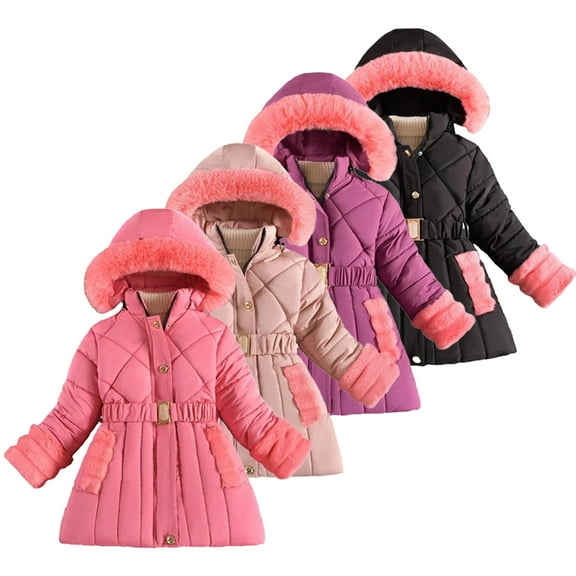 KYAIGUO Kids Toddler Winter Fleece Jacket Coats for Girls ,Baby long Hooded Cotton Coats Mid-Length Casual Fashionable Jacket Winter Warmth Cotton Outerwear for 3-12Y