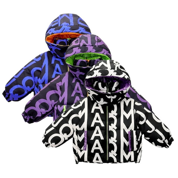 KYAIGUO Kids Toddler Winter Puffer Snowsuit Outwear for Boys Girls,3-12Y Little Boys Girls down Outwear Coat Light Fashion Letter Prints Hooded Coat Baby Thickened Warm Jacket