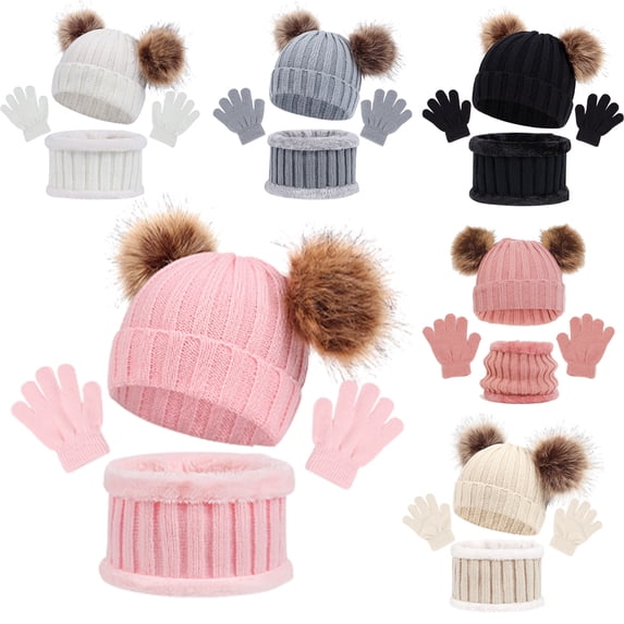 KYAIGUO Kids Toddlers Winter Warm Beanie Hat Scarf Gloves Set for Boys Girls ,1-5T Fall Winter Pompom Cap Neck Gloves Fleece Lined 3 PCS