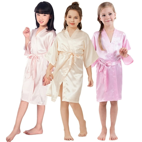 KYAIGUO Kids Youth Girls Silky Satin Robes Baby Youth Summer Bathrobe Toddler Solid Color Medium Length Night-Robe Loungewear,Sizes 2-14Y