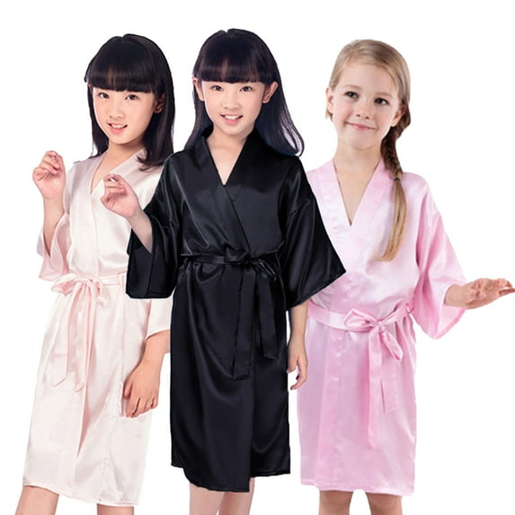 KYAIGUO Kids Youth Girls Silky Satin Robes Baby Youth Summer Bathrobe Toddler Solid Color Medium Length Night-Robe Loungewear,Sizes 2-14Y