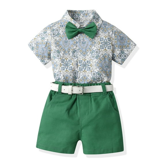 KYAIGUO Little Boys Gentleman Outfit Fashion Flower Shirt Suit with Bowtie and Belt Summer Baby Boy Clothes for Newborn Toddler 9M-6Y