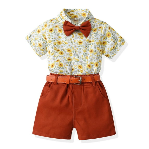 KYAIGUO Little Boys Gentleman Outfit Fashion Flower Shirt Suit with Bowtie and Belt Summer Baby Boy Clothes for Newborn Toddler 9M-6Y