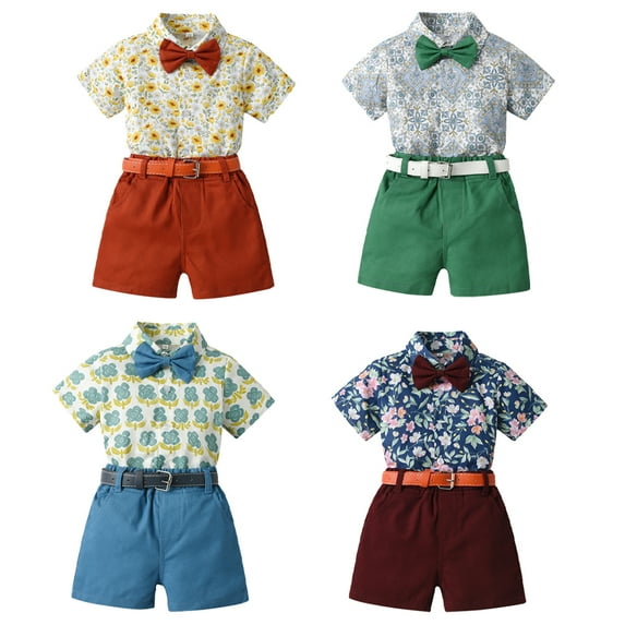 KYAIGUO Little Boys Hawaiian Outfit Kids Baby Short Sleeve Shirt Shorts Sets for Boys Button Flower Print Shirt + Shorts Newborn Summer Fashion Clothing Set with Belt as a Gift for 9M-6Years