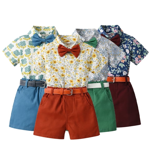 KYAIGUO Little Boys Hawaiian Outfit Kids Baby Short Sleeve Shirt Shorts Sets for Boys Button Flower Print Shirt + Shorts Newborn Summer Fashion Clothing Set with Belt as a Gift for 9M-6Years