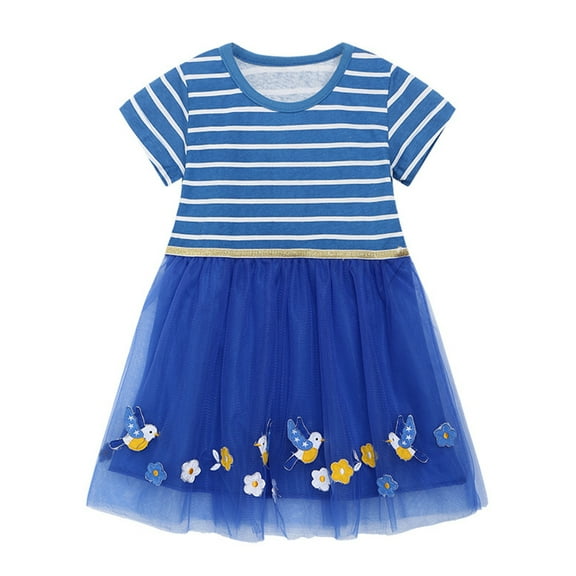 KYAIGUO Little Girls Summer Dress Short Cotton Striped Top Mesh Tulle Embroidered Dresses Casual One-Piece Outfit for Kids 2-7 Years Old