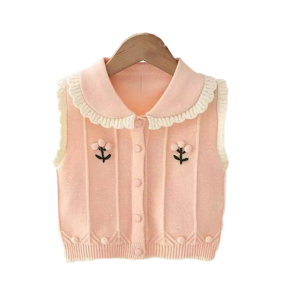 KYAIGUO Little Girls Sweater Vest Jacket Kids Toddler Fall Winter Knitted Soft Waistcoat Coats Thermal Tops Baby Buttons, Lapels Solid Cotton Outwear,Size 1-6T