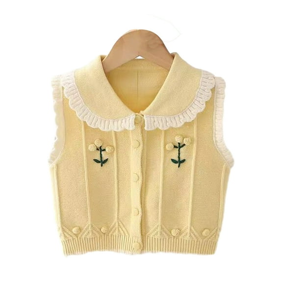 KYAIGUO Little Girls Sweater Vest Jacket Kids Toddler Fall Winter Knitted Soft Waistcoat Coats Thermal Tops Baby Buttons, Lapels Solid Cotton Outwear,Size 1-6T