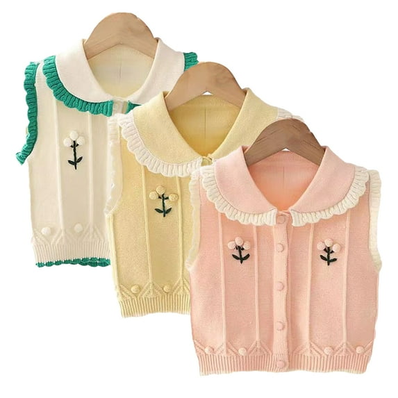 Esaierr Little Girls Sweater Vest Jacket Thermal Tops Baby Buttons,Kids Toddler Fall Winter Knitted Soft Waistcoat Coats Lapels Solid Cotton Outwear,Size 1-6T