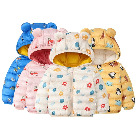 KYAIGUO Newborn Baby Boy Girl Jacket Bear Ears Hooded Down Jackets Cute Print Toddler Cotton Outerwear Lightweight Kids Zipper Coat for 1-7Y
