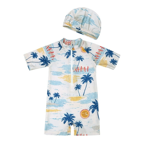 KYAIGUO Toddler Baby Boys One Piece Rash Guard Swimsuit Kids Print Zipper Swimwear High Stretch Bathing Suits Beach Sun Suit Short with Swim Cap for 12 Months - 8 Years
