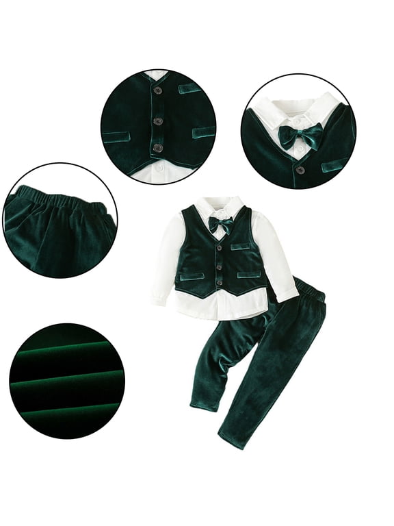 Toddler Baby Boys Suit Set 1-6 years Kids Solid Colour Shirt with Bow Tie + Gold Velvet Vest + Pants Sets Banquet Dress Gentleman Set for Boys