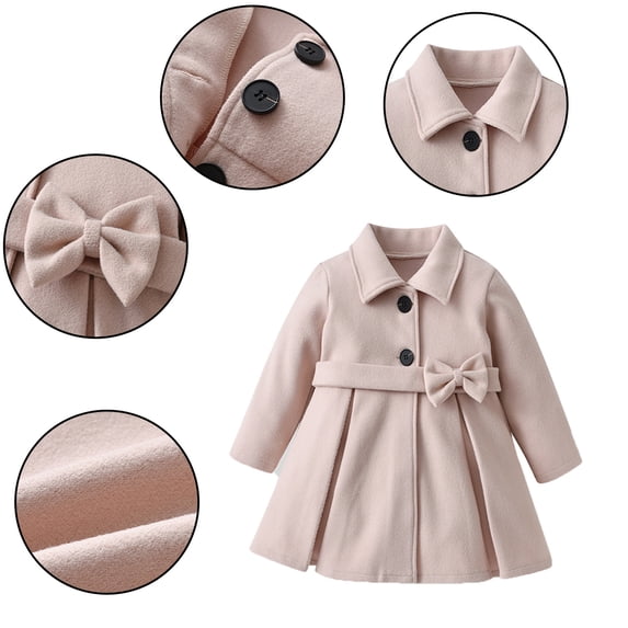 KYAIGUO Toddler Baby Girls Bowknot Dress Coat Winter Warm Trench Overcoat Fall Button up Outwear Jacket Long Sleeve Peacoat Outerwear