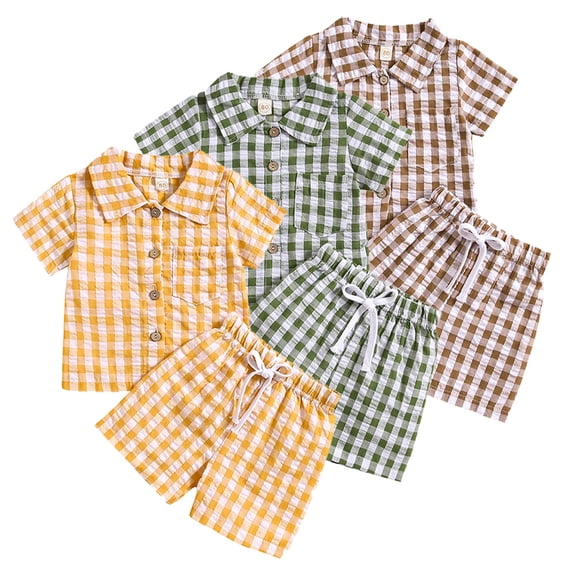 KYAIGUO Toddler Baby Girls Boys Plaid Two Piece Outfit 6M-4Y Short Sleeve Button down Shirt Tops and Short Pants Summer Unisex Sets
