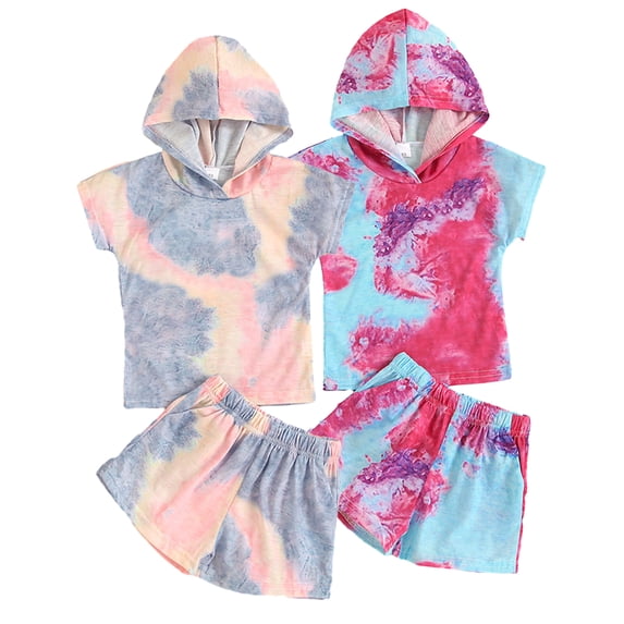 KYAIGUO Toddler Baby Girls Summer Shorts Set 2PCS Casual Short Sleeve Tie Dye Print Top Shorts Outfit with Hoodie for 18M-6Y