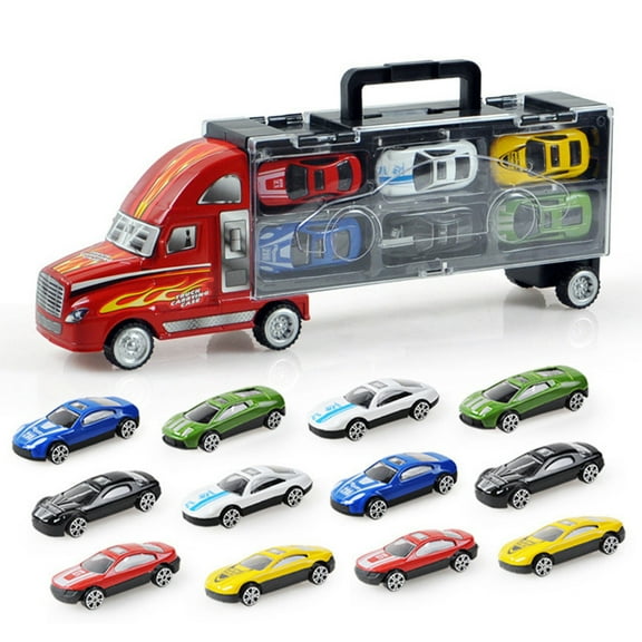 KYAIGUO Toddler Car Toys Kids Truck Transporter Boy Gift for 3-8+y, Transporter Set with 12 PCS Alloy Car