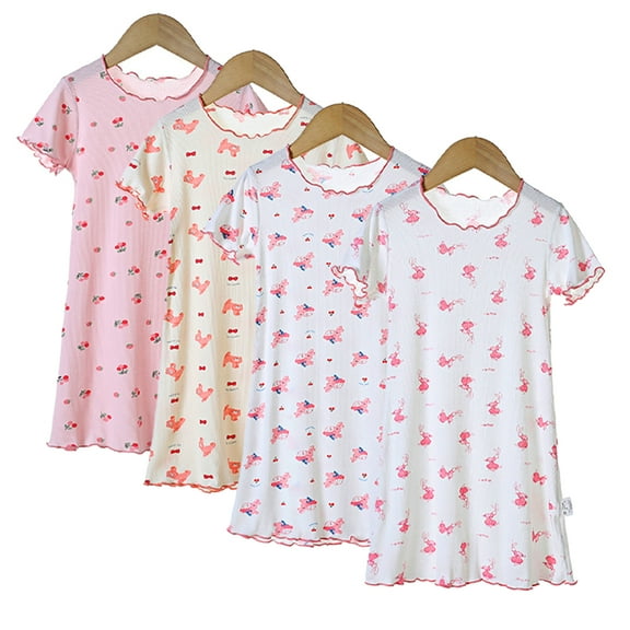 KYAIGUO Toddler Girls Nightgown Pajamas Cotton Dresses for 3-10 Years Sleepwear Crewneck Printed Summer Jammies Long Skirt for Kids