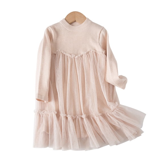 KYAIGUO Toddler Girls Spring Fall Dress Long Sleeve Knit Sweater Dress Little Girls Solid Color Mesh Dresses Skirt Outfit Set for Kids 1T-7T