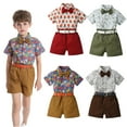 thumbnail image 1 of KYAIGUO Toddler Kids Boys 4-Piece Formal Outfit for Baby Gentleman Outfit Short Sleeve Print Shirt with Bowtie + Shorts + Belt Summer Set 9 M-6T, 1 of 9