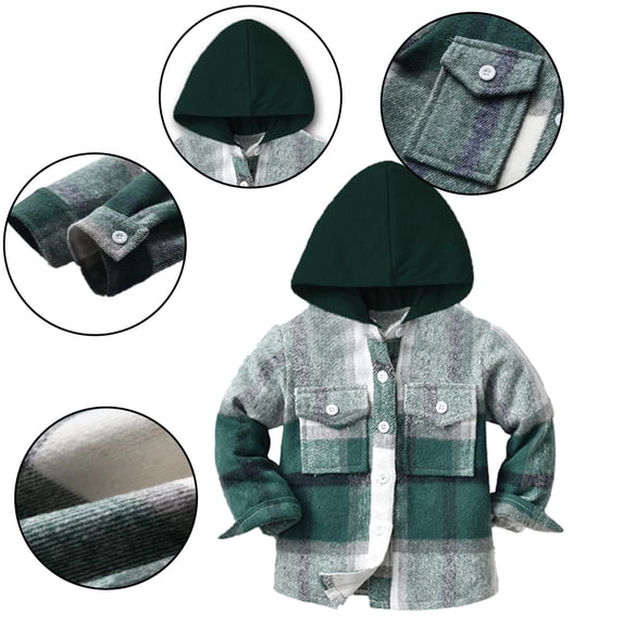 KYAIGUO Toddler Kids Boys All-Cotton Brushed Plaid Shirt Hooded Flannel Long Sleeve T-Shirts Soft Spring Fall Tops for 6 Months -9 Years Old
