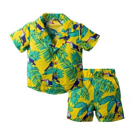KYAIGUO Toddler Kids Boys Shirt 2PCS Outfit Summer Hawaiian Button down Shirt   Shorts Summer Breathable Cotton Set Sized 18M-6Y