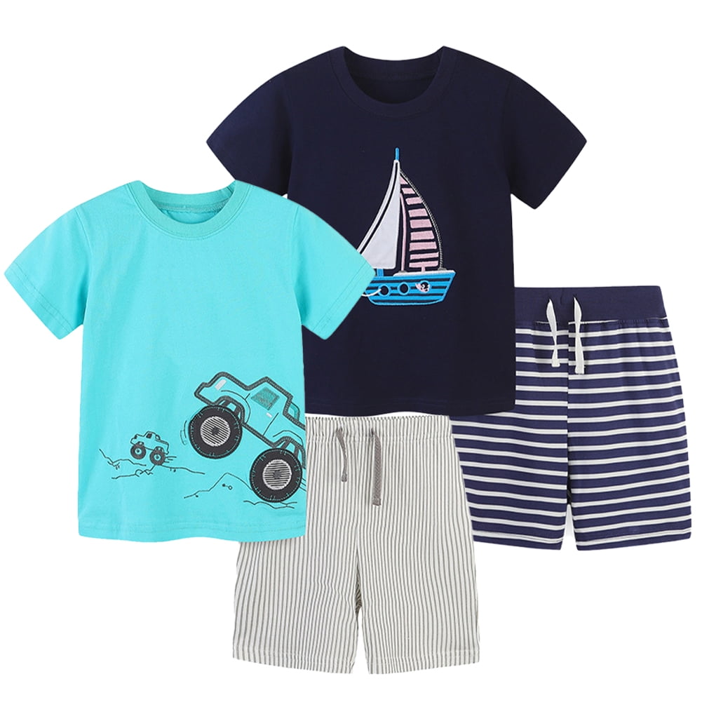 KYAIGUO Toddler Kids Boys Summer Shorts Set Outfits Baby Funny Cartoon Pattern T-Shirts and Stripes Shorts Set for 2-8 Years Old