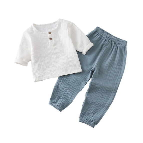 KYAIGUO Toddler Kids Cotton Linen 2 PCS Outfit Fall and Summer Sets Long Sleeve Tops Elastic Waist Pants Set for Newborn 6M-6Y