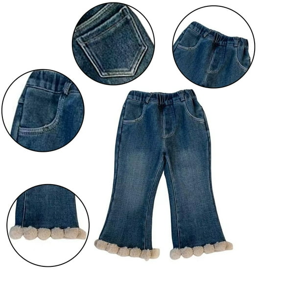 KYAIGUO Toddler Kids Fleece Flared Jeans Denim Pants for Girls,Kid Waist Elastic Pants Baby Fall Winte Thick Warm Bottoms Trousers Little Girls Sports Thermal Trousers for 1-8Y