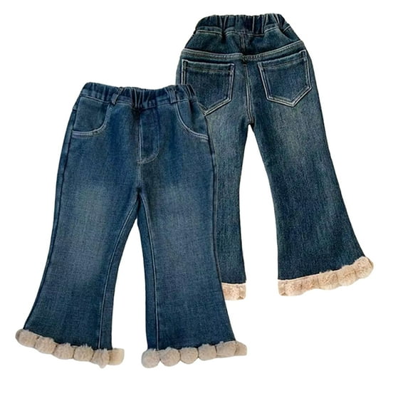 KYAIGUO Toddler Kids Fleece Flared Jeans Denim Pants for Girls,Kid Waist Elastic Pants Baby Fall Winte Thick Warm Bottoms Trousers Little Girls Sports Thermal Trousers for 1-8Y