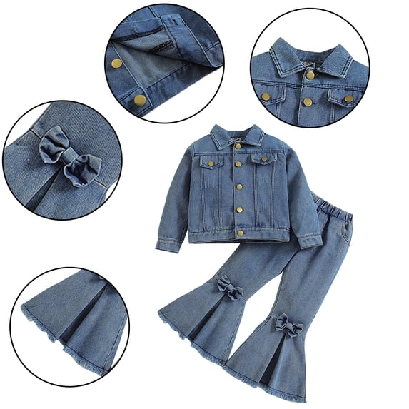 KYAIGUO Toddler Kids Girls Denim 2-Piece Outfit Spring Autumn Long Sleeve Button down Denim Jacket and Jeans Flared Trousers Set Clothes for 3-8 Years