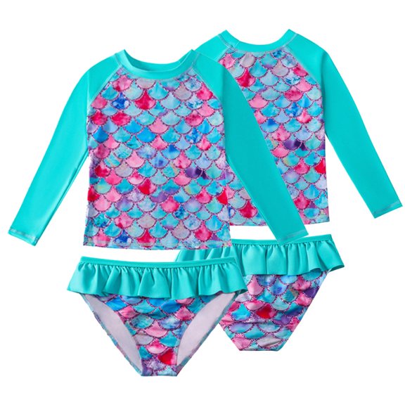 KYAIGUO Toddler Kids Girls Long Sleeve Swimsuits Two-Piece Bathing Suits Baby Beach Sport Summer Swimwear Print Ruffle Bikini Sunscreen Swimming for 4-9Y