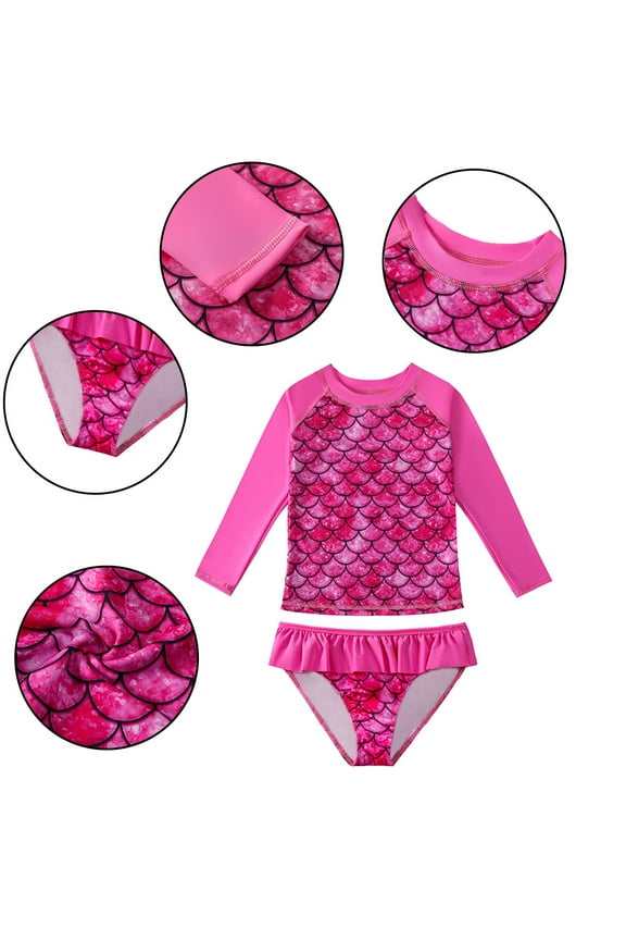 Toddler Kids Girls Long Sleeve Swimsuits Two-Piece Bathing Suits Baby Beach Sport Summer Swimwear Print Ruffle Bikini Sunscreen Swimming for 4-9Y