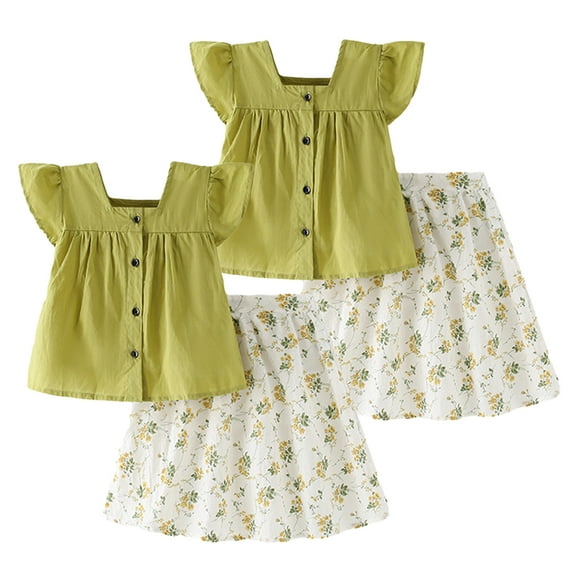 KYAIGUO Toddler Kids Girls Tutu Skirt Set Two Piece Ruffle Sleeve Square-Collar T-Shirt Floral Tutu Dress Baby Summer Casual Dress Set for 1-8 Years Old