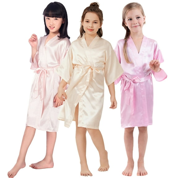 KYAIGUO Toddler Kids Silky Satin Bathrobe for Girls,2-14Y Teen Girls Summer Night-Robe Lounge Robes Baby Solid Color Sleepwear Bathrobe